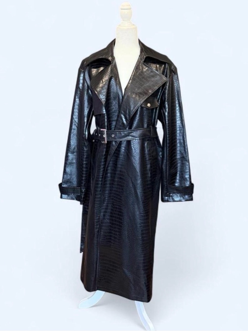 Black Faux Leather Croc Trench Coat with Belt